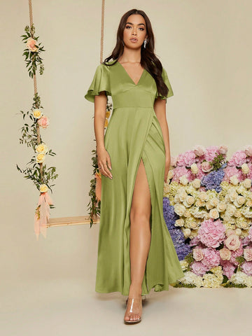 Butterfly Sleeve Wrap Hem Satin Bridesmaid Dress