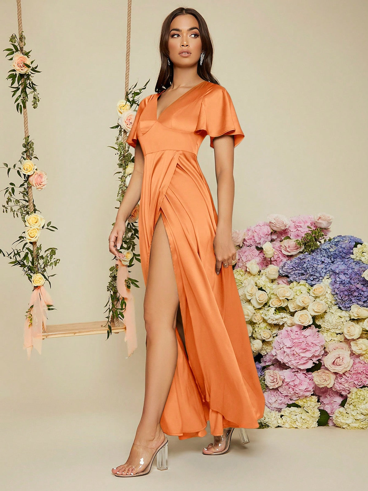 Butterfly Sleeve Wrap Hem Satin Bridesmaid Dress