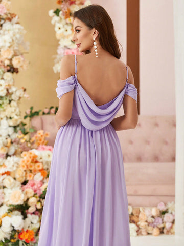 Cami, Off Shoulder, Wide Skirt, Low Back, Cowl Collar, Chiffon, Bridesmaid Dress (Adult)