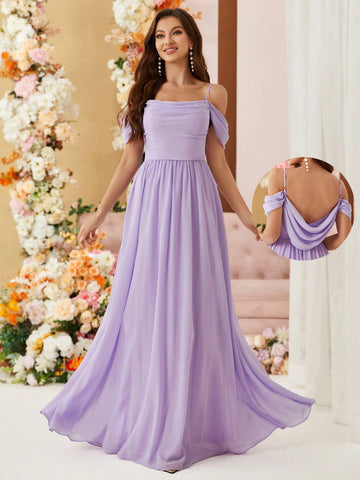 Cami, Off Shoulder, Wide Skirt, Low Back, Cowl Collar, Chiffon, Bridesmaid Dress (Adult)