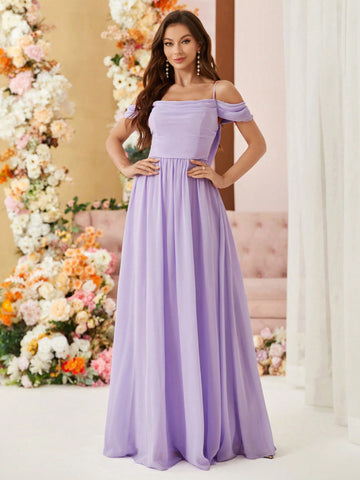 Cami, Off Shoulder, Wide Skirt, Low Back, Cowl Collar, Chiffon, Bridesmaid Dress (Adult)