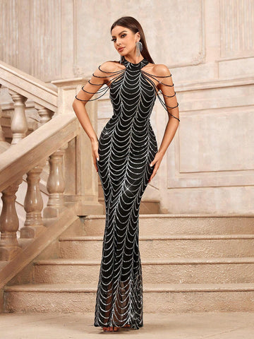 Chain Decorated Sequin Netting Off Shoulder Mermaid Long Pendant Evening Dress