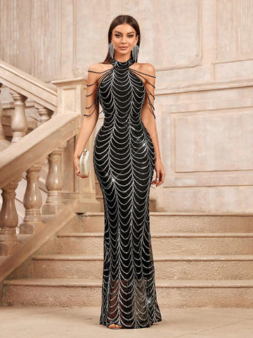 Chain Decorated Sequin Netting Off Shoulder Mermaid Long Pendant Evening Dress