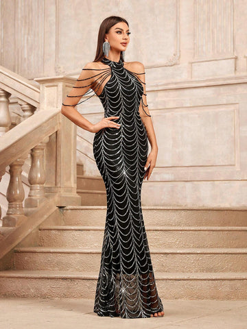 Chain Decorated Sequin Netting Off Shoulder Mermaid Long Pendant Evening Dress