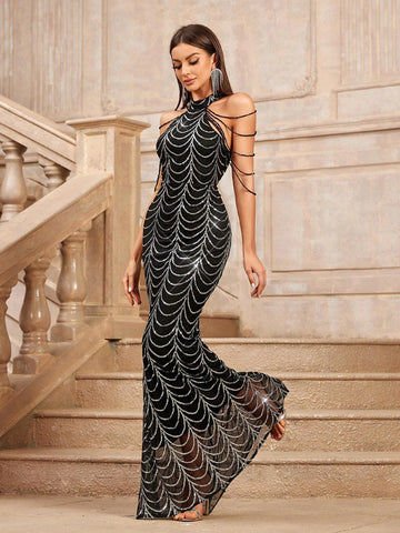 Chain Decorated Sequin Netting Off Shoulder Mermaid Long Pendant Evening Dress