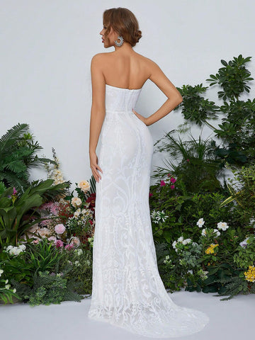Chic Strapless Feather Trimming Beaded Maxi Evening Dress