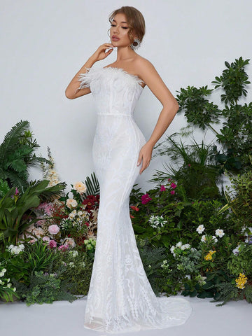 Chic Strapless Feather Trimming Beaded Maxi Evening Dress
