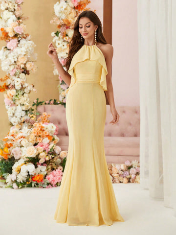 Chiffon Bridesmaid Dress With Halter Neck, Gathered Waist, Pleated Detail And Slight Fish Tail