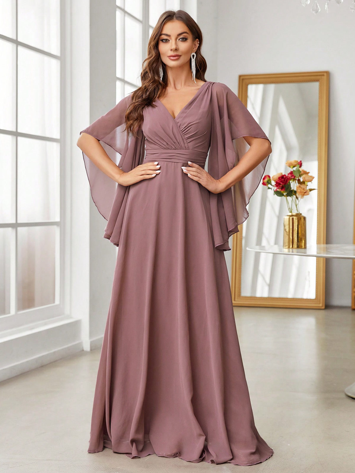 Cloak Sleeve Ruched Waist Chiffon Bridesmaid Dress