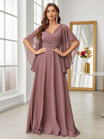 Cloak Sleeve Ruched Waist Chiffon Bridesmaid Dress