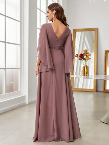 Cloak Sleeve Ruched Waist Chiffon Bridesmaid Dress