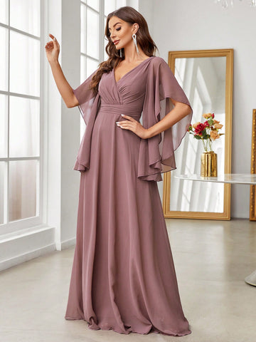 Cloak Sleeve Ruched Waist Chiffon Bridesmaid Dress