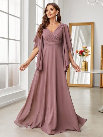 Cloak Sleeve Ruched Waist Chiffon Bridesmaid Dress