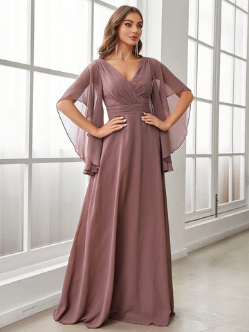 Cloak Sleeve Ruched Waist Chiffon Bridesmaid Dress