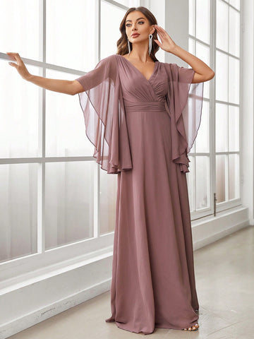 Cloak Sleeve Ruched Waist Chiffon Bridesmaid Dress