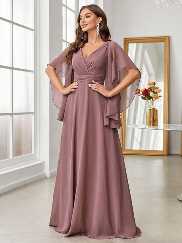 Cloak Sleeve Ruched Waist Chiffon Bridesmaid Dress