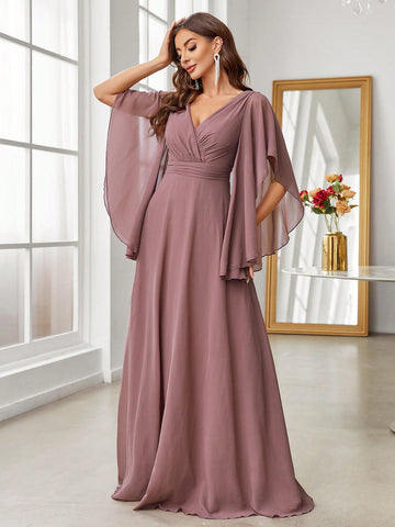 Cloak Sleeve Ruched Waist Chiffon Bridesmaid Dress