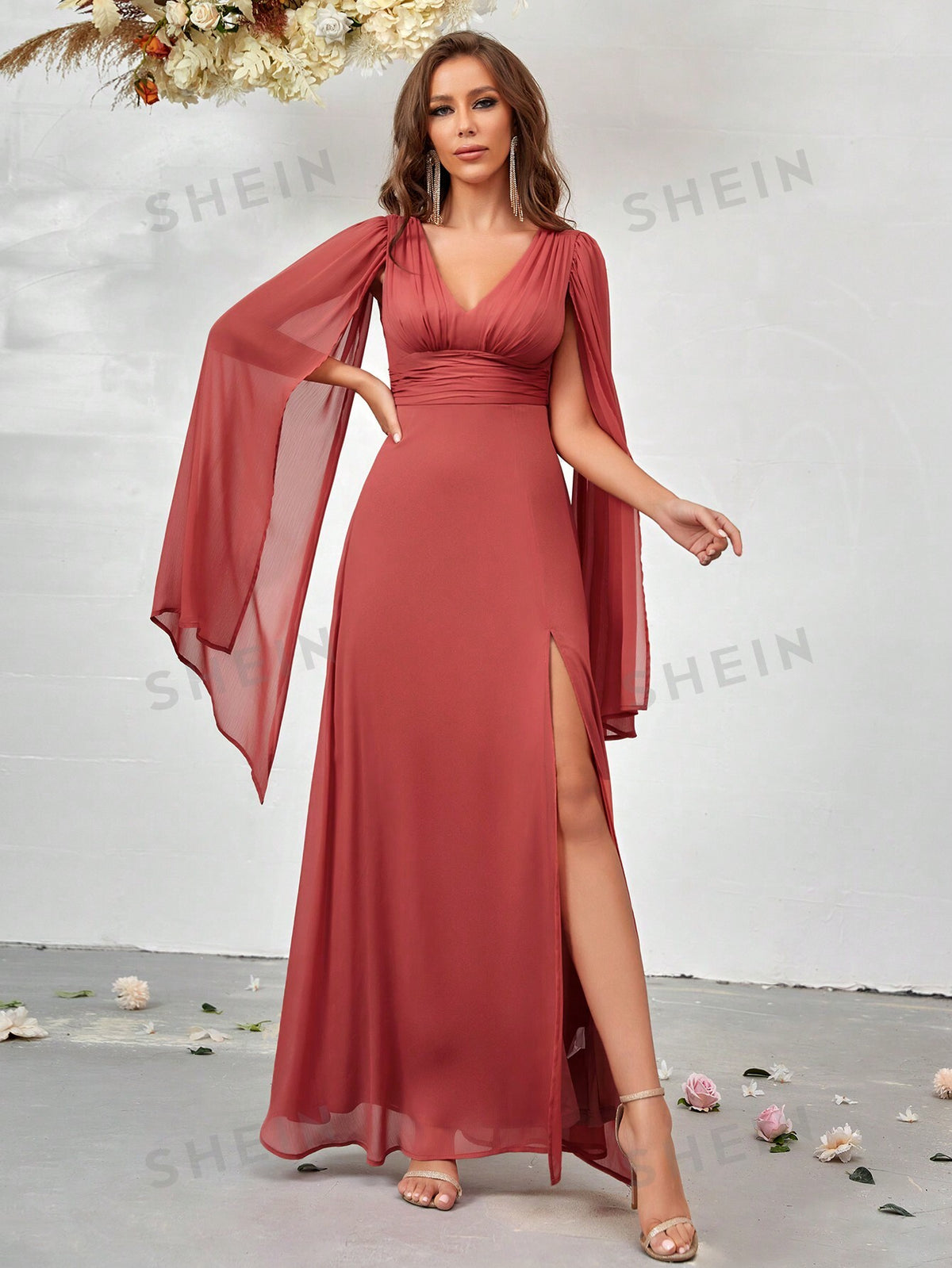 Cloak Sleeve Split Thigh Bridesmaid Dress