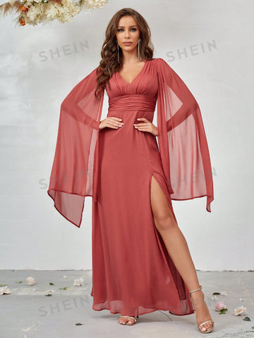 Cloak Sleeve Split Thigh Bridesmaid Dress