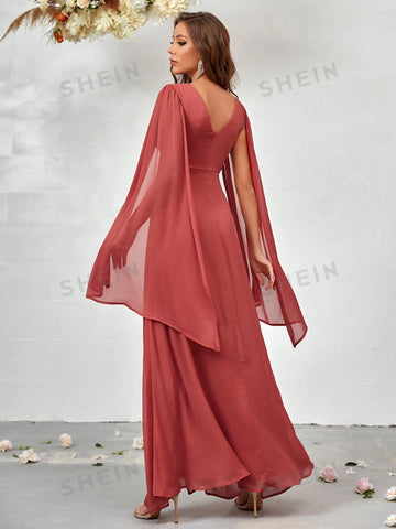 Cloak Sleeve Split Thigh Bridesmaid Dress