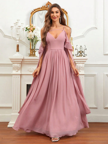 Cold Shoulder Cloak Sleeve Chiffon Bridesmaid Dress