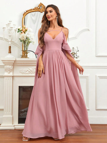Cold Shoulder Cloak Sleeve Chiffon Bridesmaid Dress