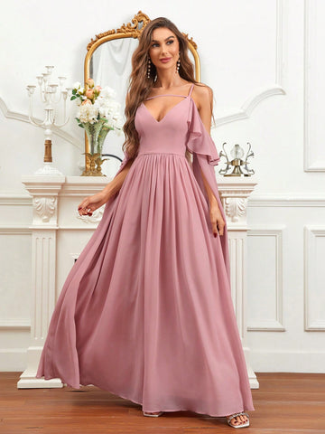 Cold Shoulder Cloak Sleeve Chiffon Bridesmaid Dress