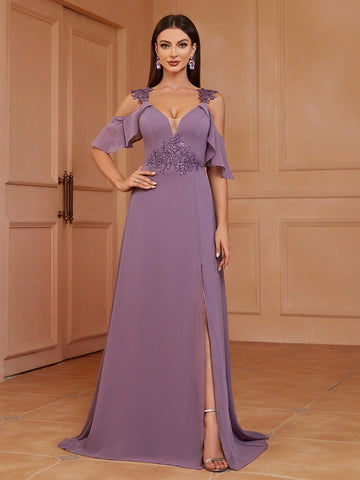 Cold Shoulder Design, Embroidered Appliques, A-Line Bridesmaid Dress (Adult)