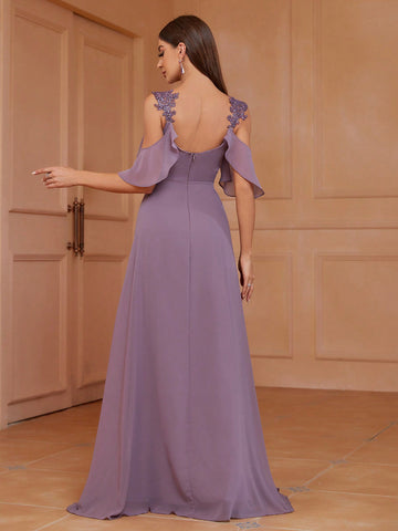 Cold Shoulder Design, Embroidered Appliques, A-Line Bridesmaid Dress (Adult)