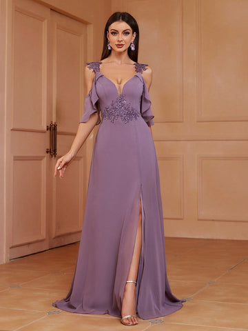 Cold Shoulder Design, Embroidered Appliques, A-Line Bridesmaid Dress (Adult)