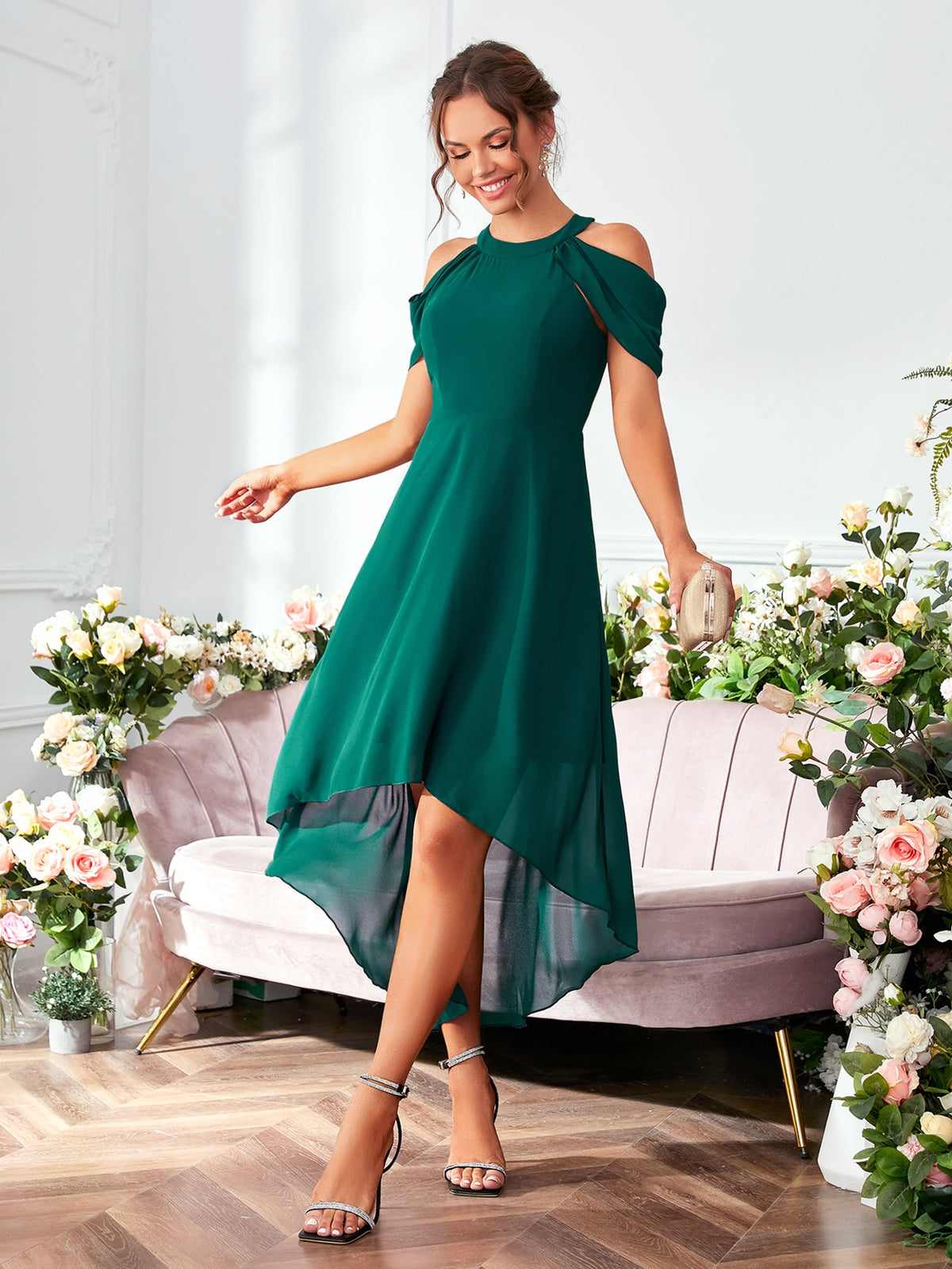 Cold Shoulder High Low Hem Chiffon Bridesmaid Dress