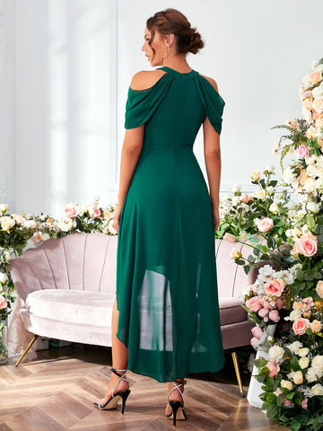 Cold Shoulder High Low Hem Chiffon Bridesmaid Dress