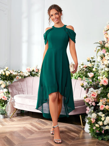 Cold Shoulder High Low Hem Chiffon Bridesmaid Dress