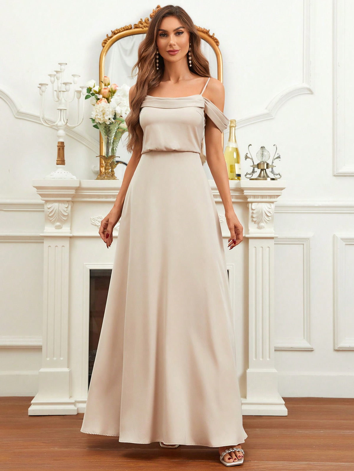 Cold Shoulder Maxi Satin Bridesmaid Dress