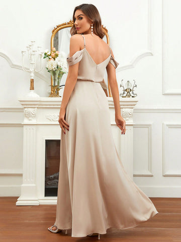 Cold Shoulder Maxi Satin Bridesmaid Dress