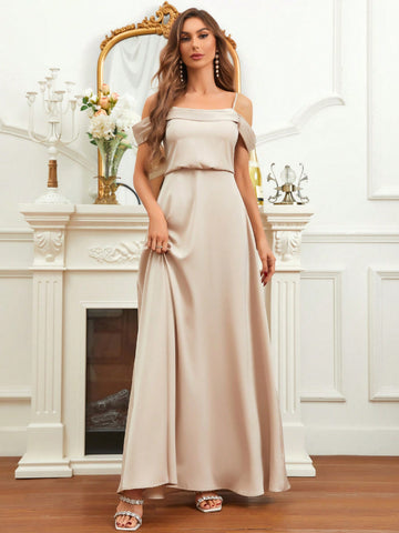 Cold Shoulder Maxi Satin Bridesmaid Dress