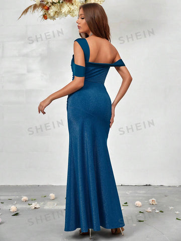 Cold Shoulder Ruched Side Mermaid Hem Glitter Bridesmaid Dress