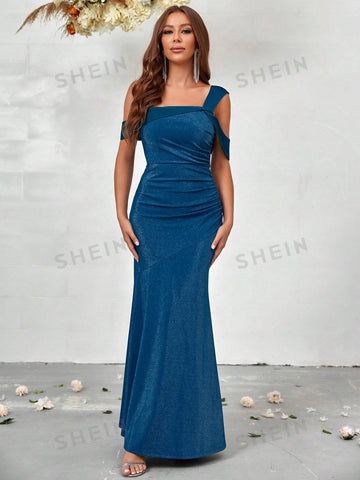 Cold Shoulder Ruched Side Mermaid Hem Glitter Bridesmaid Dress