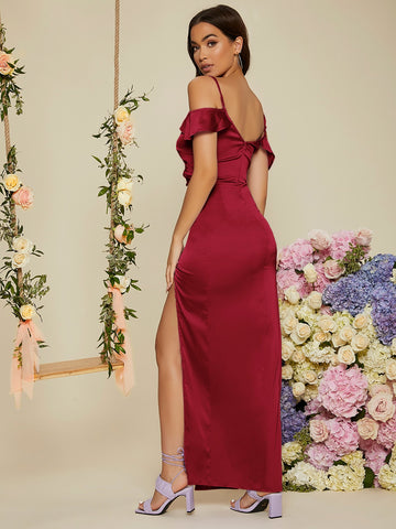 Cold Shoulder Ruched Slit Thigh Satin Prom Bridesmaid Dress