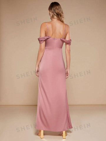 Cold Shoulder Ruched Split Thigh Satin Bridesmaid Dress