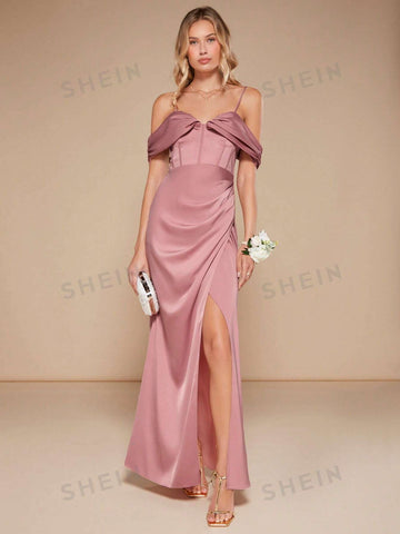 Cold Shoulder Ruched Split Thigh Satin Bridesmaid Dress