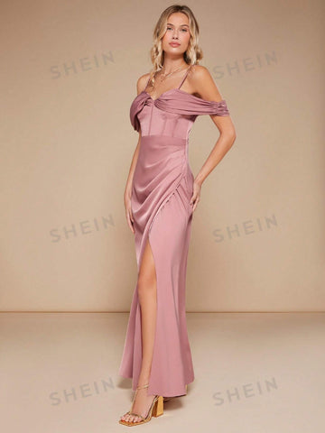 Cold Shoulder Ruched Split Thigh Satin Bridesmaid Dress