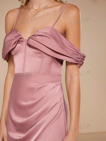 Cold Shoulder Ruched Split Thigh Satin Bridesmaid Dress