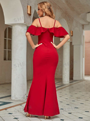 Cold Shoulder Ruffle Detail Mermaid Hem Bridesmaid Dress