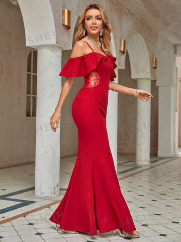 Cold Shoulder Ruffle Detail Mermaid Hem Bridesmaid Dress