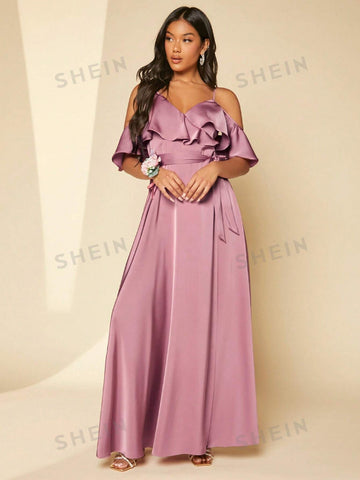 Cold Shoulder Ruffle Trim Belted Maxi Bridesmaid Dress