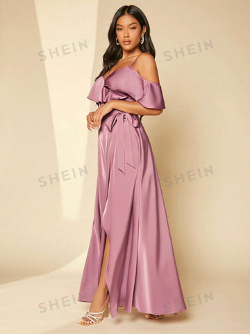 Cold Shoulder Ruffle Trim Belted Maxi Bridesmaid Dress