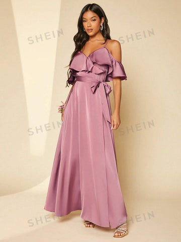 Cold Shoulder Ruffle Trim Belted Maxi Bridesmaid Dress