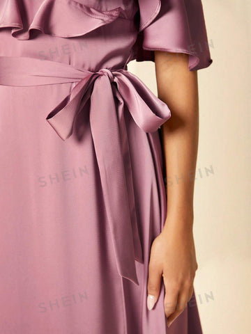 Cold Shoulder Ruffle Trim Belted Maxi Bridesmaid Dress