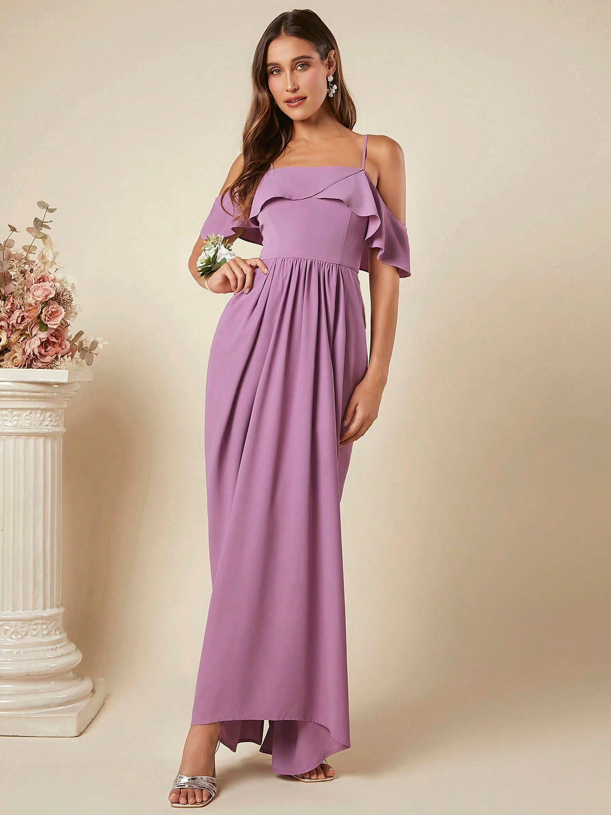 Belle Cold Shoulder Ruffle Trim Maxi Bridesmaid Dress